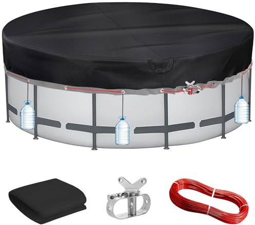 PATWING Wetterfeste Poolabdeckung Rund Ø 370 Für Ø320-366cm Pools, UV-resistente Poolplane für INTEX & BESTWAY Pools, Drahtseil und Spannschloss zur Sicherung (371x30cm (Mit Stahlseil & Seilspanner))