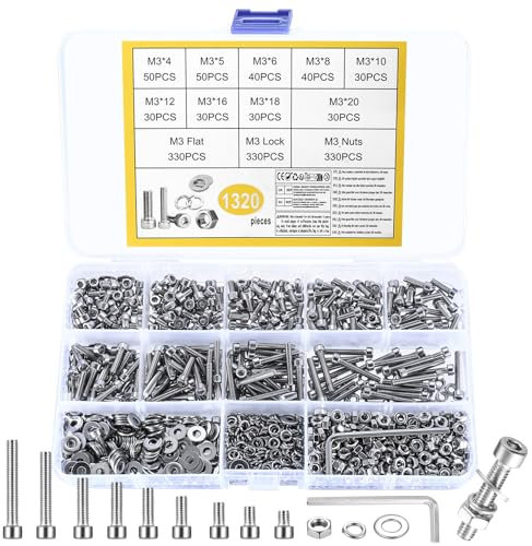 1320 Pcs Vis M3, Boulon et écrous et Rondelles Set, Vis à Tête Cylindrique à Six Pans Creux en Acier Inoxydable, Boulon à Tête Hexagonale Assortiment, Visserie Inox pour Réparation