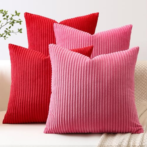 JOTOM 4er Set Cord Kissenbezüge Kissenhülle Dekorative Zierkissen Couchkissen Sofakissen Dekokissen Kordsamt Kissenbezug Deko Kissenhülle für Sofa Wohnzimmer (45x45cm, Rot Heißes Rosa)