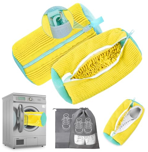 HWJPDMBD Schuhwaschbeutel, Waschbeutel Schuhe, Waschmaschine Schuhwaschbeutel, Selbstreinigende Schuhe, Wiederverwendbar Reißverschluss Plüsch Schuhwaschbeutel Für Turnschuhe, Tennisschuhe (2Pcs Gelb)