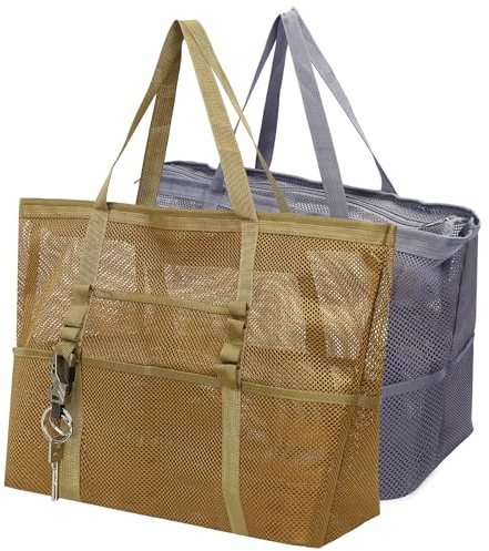 Wusboo Bolso de Playa Mujer Grande, Bolso de Playa de Malla con Bolsillo Interior Impermeable con Cremallera