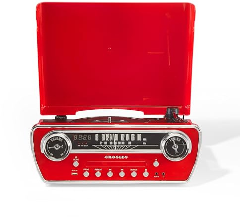 Crosley Powel 7-in-1 Record Player with Speakers & CD Player - Vintage Car Design Bluetooth Turntable Entertainment System with AM/FM Radio - Retro Red Style for Vinyl, Digital & Wireless Music