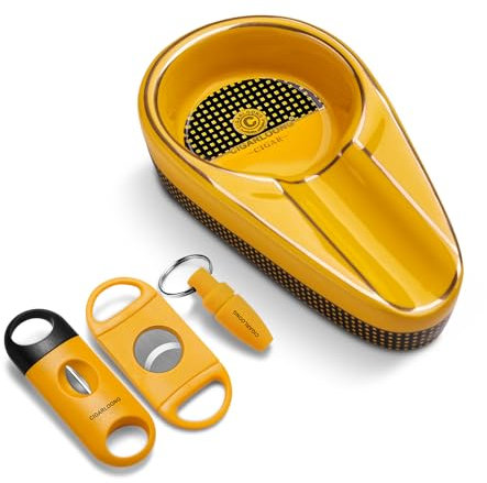 Cendrier à cigares en céramique avec coupe-cigare en V, guillotine à double lame et foret tranchant, cendrier incassable pour l'extérieur et l'intérieur (Jaune)