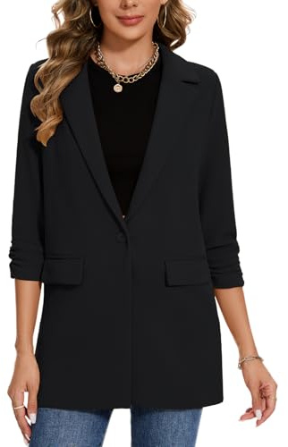 MINTLIMIT Ladies Business Office Mid Long Blazer for Women Mid Length Jacket with Notch Lapel and 3/4 Ruched Sleeves (Black M)