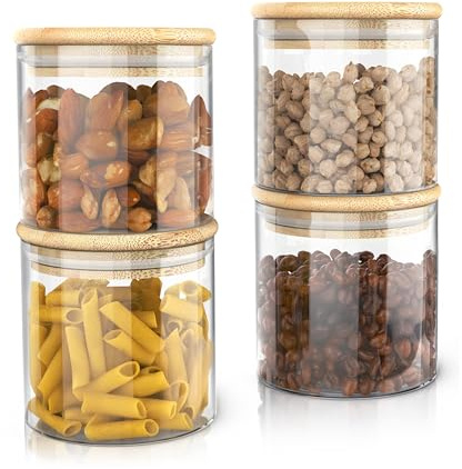 Arendo - Vorratsgläser mit Deckel - 4er Set - Behälter aus Glas – hitzebeständig – Vorratsdosen mit Bambusdeckel - luftdicht - für Müsli Zucker Mehl Kaffee Reis