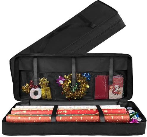 Geschenkpapier Aufbewahrung Organizer, 82x34x12cm Aufbewahrung für Geschenkpapier mit Beschriftungsfenster, Organizer für Geschenkpapier mit Netztaschen 600D Oxford Reißfest Geschenkpapierrollen