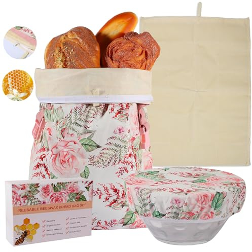 Reusable Beeswax Bread Bag and Bowl Cover Set, Removable Beeswax Bags for Sourdough/Homemade Bread, Double-Lock Bread Storage Bag to Keep Fresh, Easy to Clean, Large Capacity and Portable