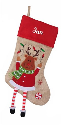 minimutz Nikolausstrumpf mit Namen Kinder - personalisierter Weihnachtsstrumpf zum Aufhängen & Befüllen - Nikolausstiefel mit hängenden Füßen 45cm (Jute Rentier)