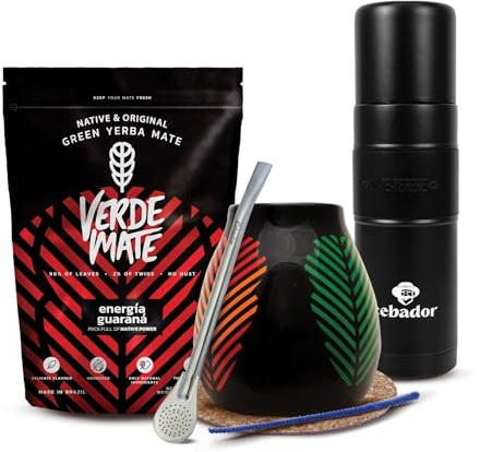 Kit yerba mate complet Verde Mate Energia Yerbomos calebasse bombilla 400g | Ensemble complet yerba mate Verde Mate 400g avec Yerbomos XL, calebasse Samba, bombilla Mercedes, sous-verre et nettoyeur
