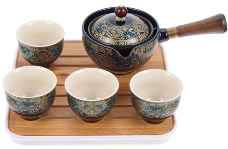 MUELODSIC Juego de Té Portátil de Kung Fu para Viaje y Hogar Tetera de Cerámica Azul, Diseño Anidado y Función Anti-quemaduras, Incluye Soporte para Tazas y 4 Tazas