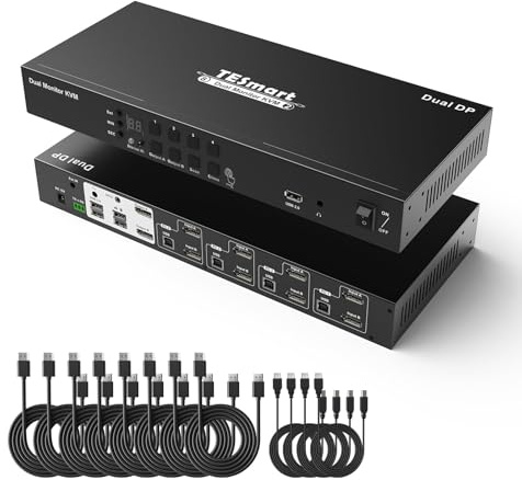 TESmart 4K@60Hz DP KVM Switch 4 PC 2 Monitore TESDKS402E23EUBK KVM-Switch, mit EDID Emulatoren, L/R Audioausgang für 4 PCs, die dual Monitore teilen, Hotkey-Button-Umschalter mit Eingangskabel