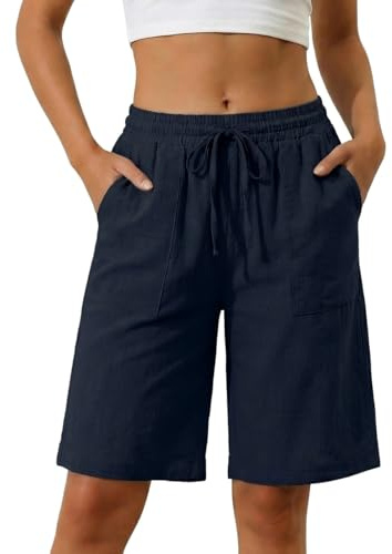 PrinStory Shorts for Women UK Knee Length Bermuda Shorts Casual High Waisted Trousers Summer Loose Pant with Pockets Lightweight