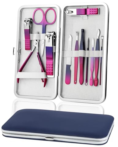AYBUY Manicura Pedicura Set, 12 Piezas Cortaúñas, Tijeras de Uñas con Herramientas Remover Cutícula, Acero Inoxidable, para Viajes y hogar, con Caja de Cuero, Degradado