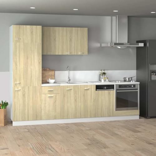 Tonture Lyon Sonoma Oak 7-Piece Kitchen Cabinet Set with Base Cabinet, Wall Cabinet, Drawer, Oven and Fridge Built-in Cabinet for Kitchen and Dining Room with Lots of Storage Space and