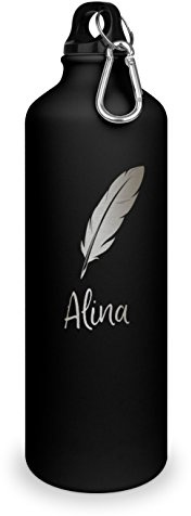 printplanet Trinkflasche mit Namen Alina - graviert mit Feder Layout, Aluminiumflasche mit Gravur, Sportflasche - Farbe weiß/schwarz