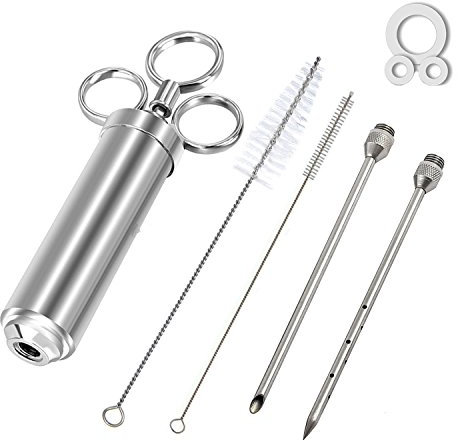 Kaycrown 2-Ounce 304 Stainless Steel Seasoning Injector with 2 Professional Marinade Needles BBQ Meat Flavor Injector Kithen Cooking Sauce Marinade Syringe Accessories with Cleaning Brush