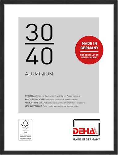 DEHA Design marco de fotos, 30 x 40 cm, Aluminio, Negro mate, Marco de fotospara colgaren formato vertical y apaisado, vidrio sintético irrompible, Boston