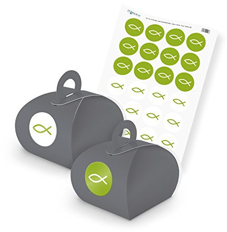 itenga SET Fisch grün (Motiv 90) 24x Geschenkschachtel mit Griff grau + Stickerbogen