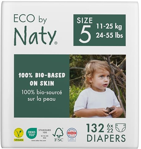 Naty ekologiska babyblöjor - växtbaserade miljövänliga eko blöjor, bra för känslig babyhud och förhindrar läckage (Storlek 5, 132 stycken)