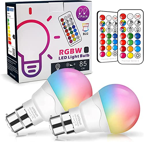 Unisun B22 Screw Bulbs, RGBW Colour Changing LED Light Bulb,Dimmable,2 Pack | 21key Remote Control, Memory Function, Dual Timer Settings, 6W (40W), Warm White Light, 12 Colors for Home Bar, Mood Lighting