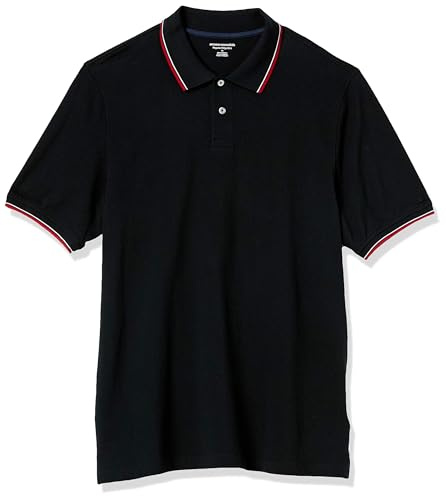 Amazon Essentials Polo a Maniche Corte in piqué di Cotone, vestibilità Classica (Disponibile in Taglie Forti) Uomo, Nero Rosso Bianco Thin Stripe, XL