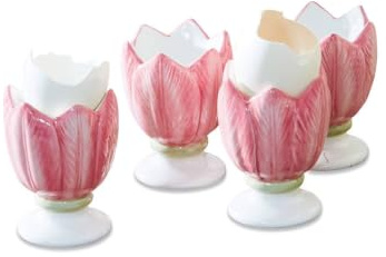 LOBERON Mireille Lot de 4 coquetiers - En faïence noble. - Peint à la main, rose