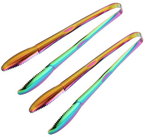 Meisha Pince Alimentaire en Acier Inoxydable, Pince de Cuisine en Métal Antidérapant, Résistant à la Chaleur, Set de Pinces de Cuisson pour Glace, Serre, Barbecue, Salade, Four (22.9 cm) Arc-en-ciel