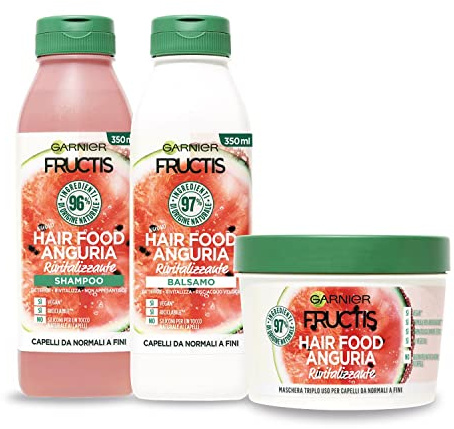Garnier Fructis Haarpflege-Set Hair Food Shampoo Wassermelonen 350ml + Conditioner 350ml + 3in1 Maske 390ml Revitalisierend Für Normales Bis Feines Haar Natürliche Formel Vegan Ohne Silikone - 3er Set