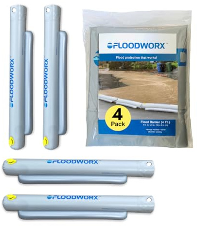 FLOODWORX Reusable Flood Barrier & Water Diverter | No Sand Bags, Reusable Flood Protection | Protects Home, Garage, Driveway & Doorway | Flood Prevention Tool | Fast Setup - 4ft x 6in (4 Pack)