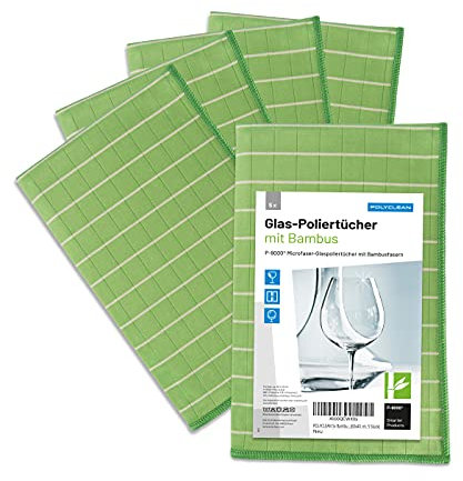 POLYCLEAN 5 panni in bambù – Panno in vetro con fibre di bambù – Panno per vetri e vetri – Panno asciutto senza strisce (60 x 40 cm, 5 pezzi)