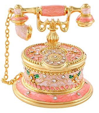 QIFU Hand Painted Telephone Pink Enameled Trinket Box with Hinged Unique Gift for Home Decor
