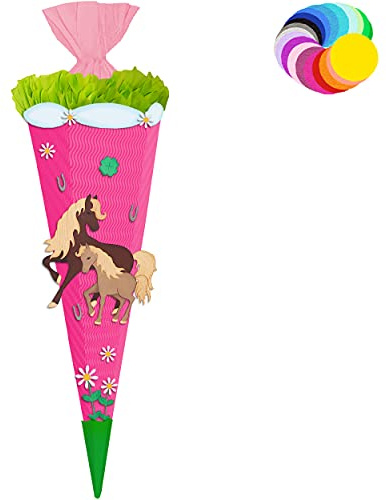 alles-meine.de GmbH Bastelset - Schultüte Farbe & Größe wählbar 70/85 / 100 cm - Pferde & Fohlen - Farbe frei wählbar - Bastelschultüte - Zuckertüte zum selber Basteln Bema..
