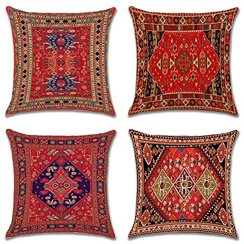 JOTOM Cushion Covers 45cm x 45cm Set of 4 Bohemian Style Decorative Throw Pillow Covers Linen Square Exotic Pillow Cases 18x18 Inch for Sofa Couch Bedroom Outdoor Home Office Car Decor (Exotic)