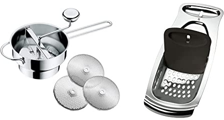 WMF Gourmet Passiermühle mit 3 Lochscheiben, 19 x 11,5 cm, Cromargan Edelstahl poliert, zerlegbar & Spätzle-Profi 35 x 14 cm, Spätzlereibe mit Teigschaber, Spätzlehobel, Cromargan Edelstahl