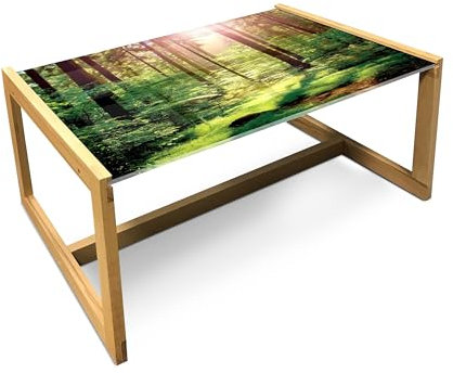 ABAKUHAUS Wald Couchtisch, Sunset Moss Woods Bäume, Acrylglas-Mitteltisch mit Holzrahmen für Büros Wohnheime, Groß Größe, Grün Braun