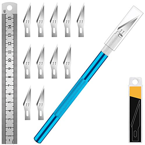 Artcut 1 Pz Coltello Artigianale Coltello Hobby Coltello Exacto con 11 Pz Kit Lame in Acciaio Inossidabile, 1 Pz Acciaio 15 CM Righello per Arte, Scrapbooking, Stencil (Blu)