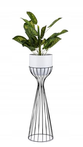 HowHomely Moderne Blumenständer Metall 68 cm Hoch mit Weiß Blumentopf Rund 18 cm Ø auf Robuste Schwarz Ständer - Pflanzenständer zur Dekoration Innenräumen
