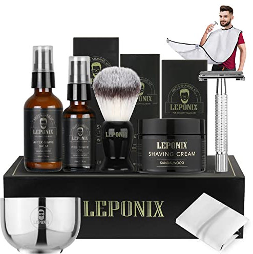 Shaving Kit for Men, Includes Sandalwood Shaving Cream, Mens After Shave Balm, Pre-Shave Oil,Shaving Brush and Bowl, Beard Bib, Aftershave Gift Set for Men Boyfriend Stocking Fillers