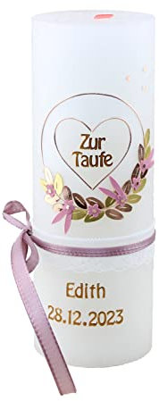 Cerziies® Taufkerze Rustik EDITH Junge oder Mädchen mit Name und Datum, individuell und handverziert 1831