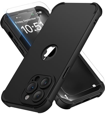 ORETECH for iPhone 14 Pro Max Case 6.7 inch, with [2 Pack Screen Protector] [Camera Lens Guard] [15FT Military Grade Drop Test] 360° Shockproof Slim Fit Design Rubber Bumper Phone Cover - Black