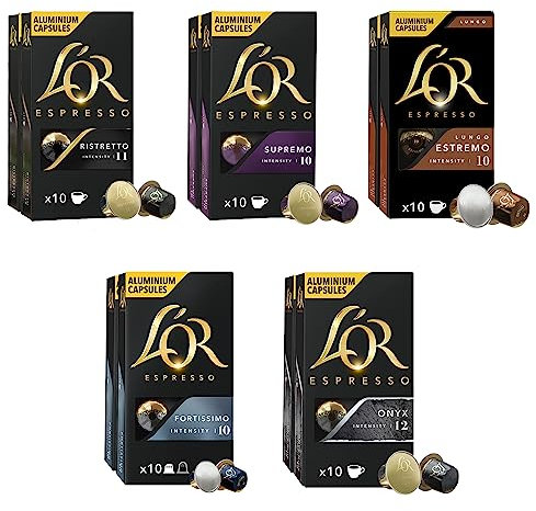 Assortiment 100 Capsules L’OR Espresso Intense (x20 Ristretto, x20 Supremo, x20 Estremo, x20 Fortissimo, x20 Onyx)