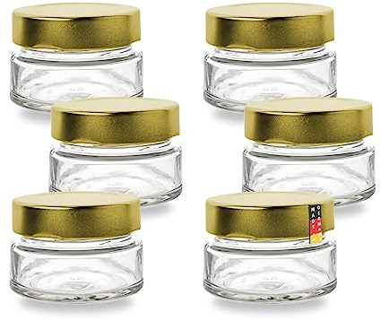 Flaschenbauer - 6er Set Mini Einmachgläser 75ml - TO 58 Deep Deckel Gold - Perfekt für Marmelade, Gewürze, Honig, Gelee und DIY Geschenke - Luftdicht - Spülmaschinenfest