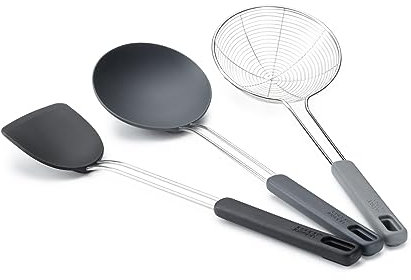 Joseph Joseph Nest Fusion 3-piece Silicone and Stainless Steel Kitchen Wok Set, Silcone Turner, Spoon and Wire Skimmer Strainer, BPA Free, Heat Resistant Non Stick, Black