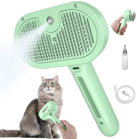 LilyAbeille Katzenbürste mit Dampf Hundebürste für Langhaar Kurzhaar, Dampfbürste Katze Spray Tierhaarentfernungskamm mit Wassertank, Sauberes Haustierhaar von der Bürste mit Einem Knopf,Grün