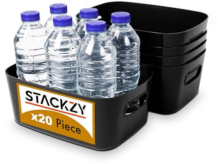 Under Sink Storage Boxes – Strong Storage Baskets with Handles – Home, Kitchen and Bathroom Organiser – Rectangular Multi Use Storage Boxes –– Stackable Pantry Basket – Black, 20pcs – by Stackzy