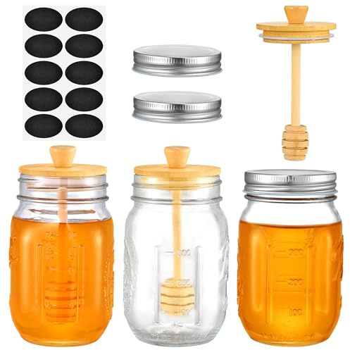 TANGLONG Honey Jar with Dipper and Lid, 16oz Honey Pot Set of 3, Syrup Storage Jars with Lids, Syrup Dispenser for Home Kitchen