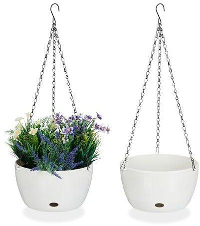 Relaxdays Blumenampel mit Wasserspeicher, 2er Set, HxD 60 x 24 cm, außen & innen, hängender Blumentopf, Kunststoff, weiß
