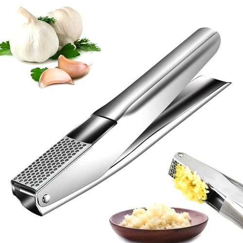 Prensa de ajos de acero inoxidable, 2 en 1, prensa de ajos, cortador de ajos, para extraer más pasta de ajo, prensa de ajos, apta para lavavajillas, manejable y fácil de limpiar