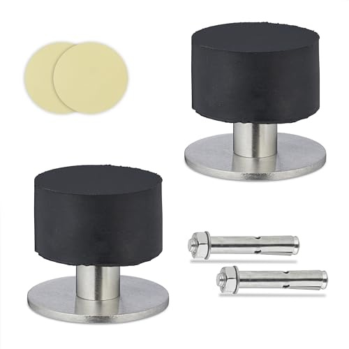 Relaxdays Türstopper, 2er Set, selbstklebend o. zum Schrauben, Edelstahl & Gummi, Boden- & Wandpuffer, schwarz/Silber