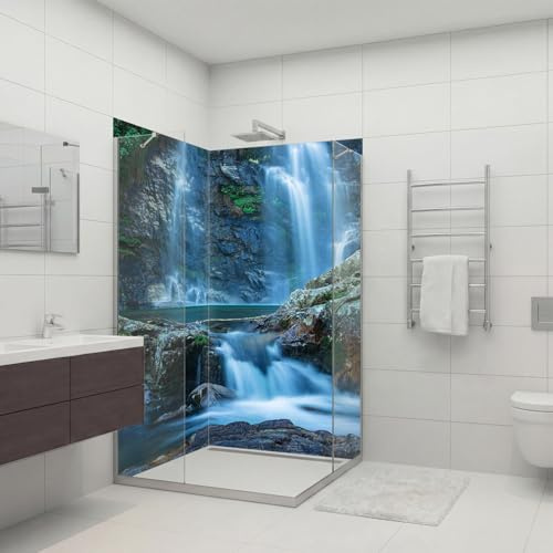 dedeco Eck-Duschrückwand wasserfest Motiv: Wasserfall V22, 2 x 100x210 cm, als Badrückwand zum Fliesenersatz, als Dekorwand, Wandverkleidung und Duschplatte aus Aluminium - Made in Germany